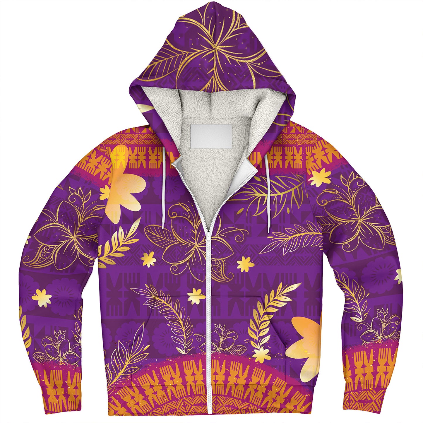 Fiji Sherpa Hoodie Fiji Tapa Tropical Plumeria Flowers Bouquet