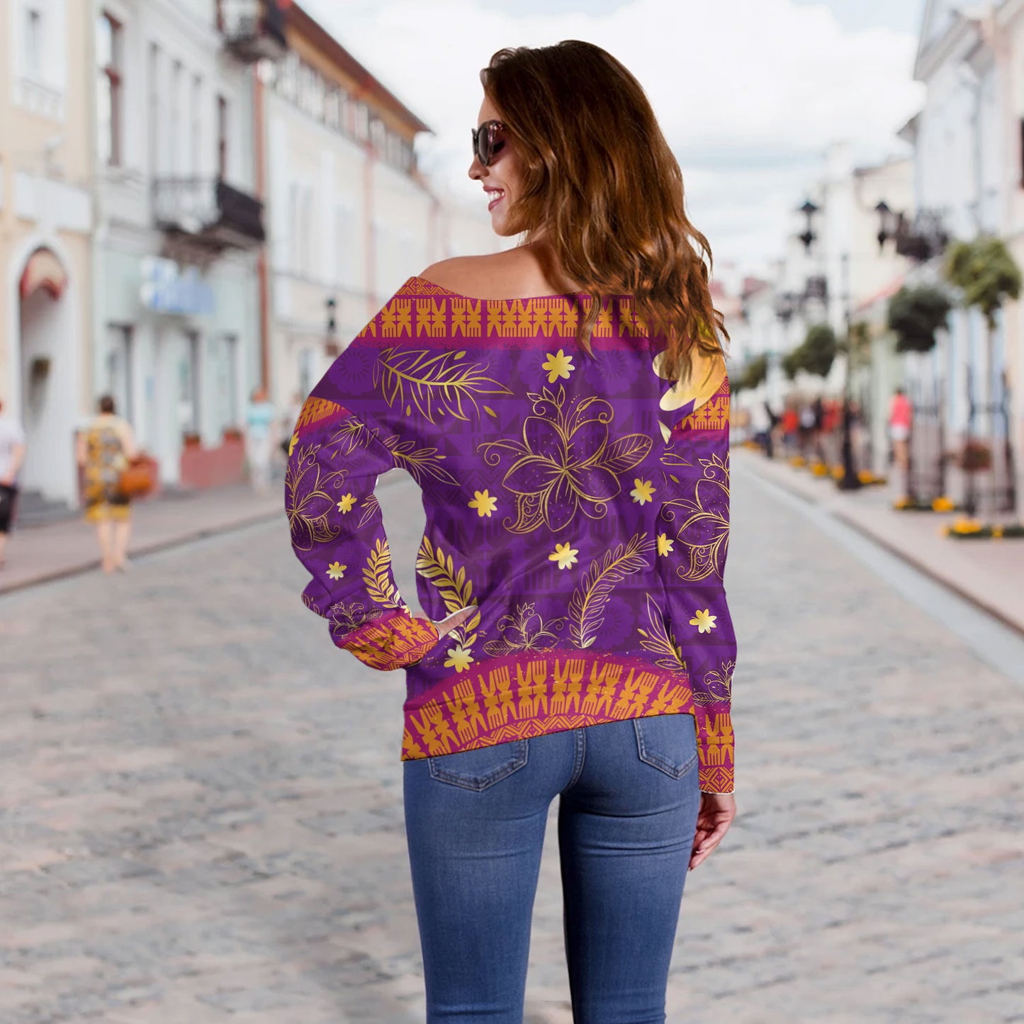 Fiji Off Shoulder Sweatshirt Fiji Tapa Tropical Plumeria Flowers Bouquet