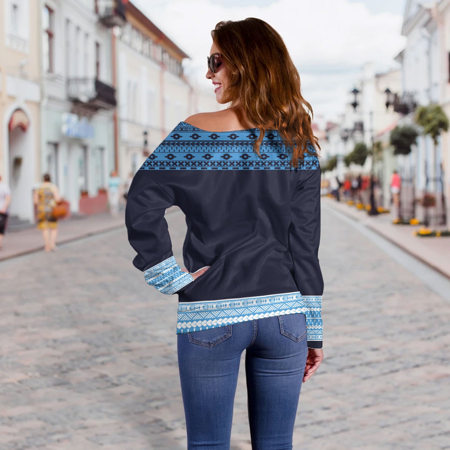 Fiji Off Shoulder Sweatshirt Fijian Makare And Tapa Design