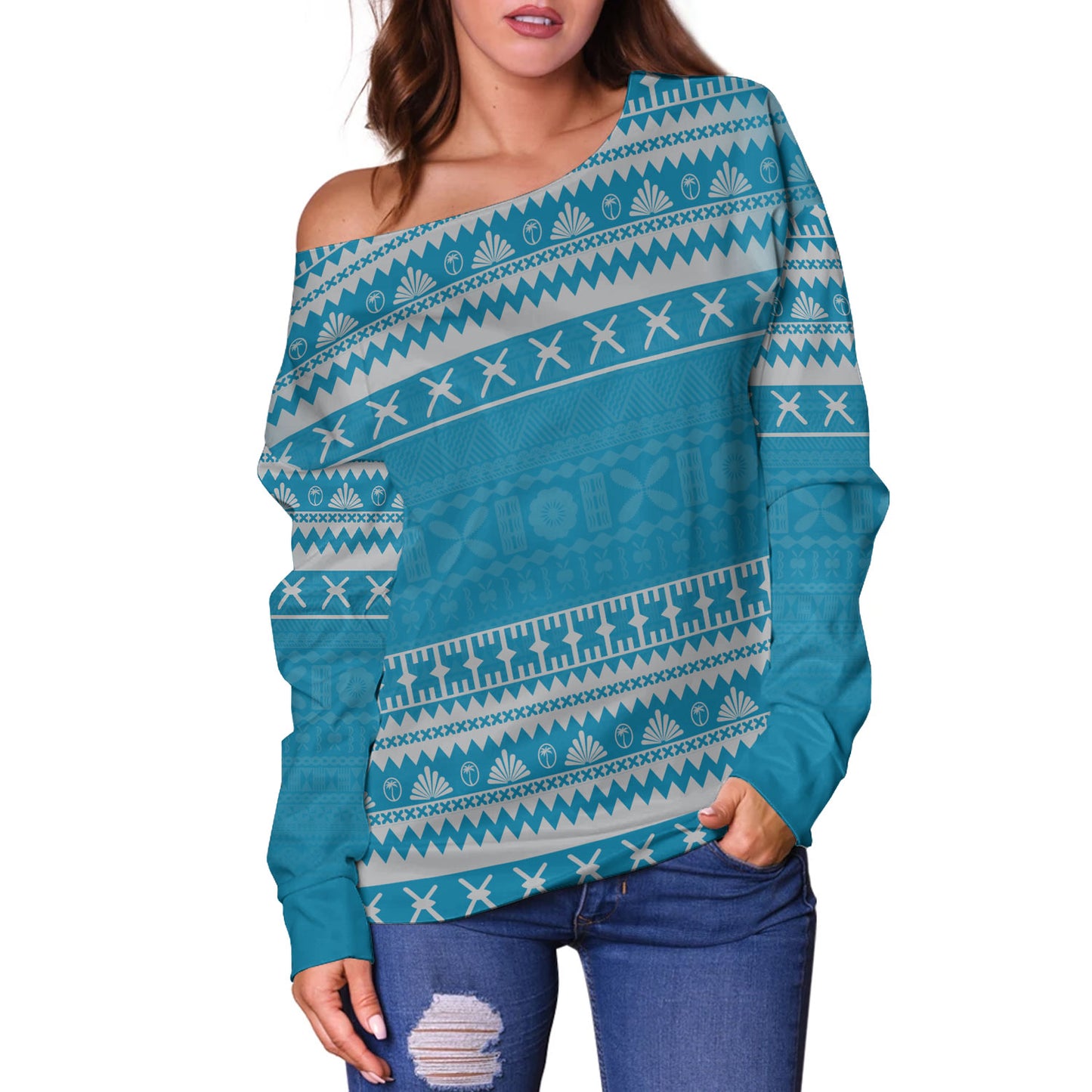 Fiji Off Shoulder Sweatshirt Fijian Masi Pattern Palm Style