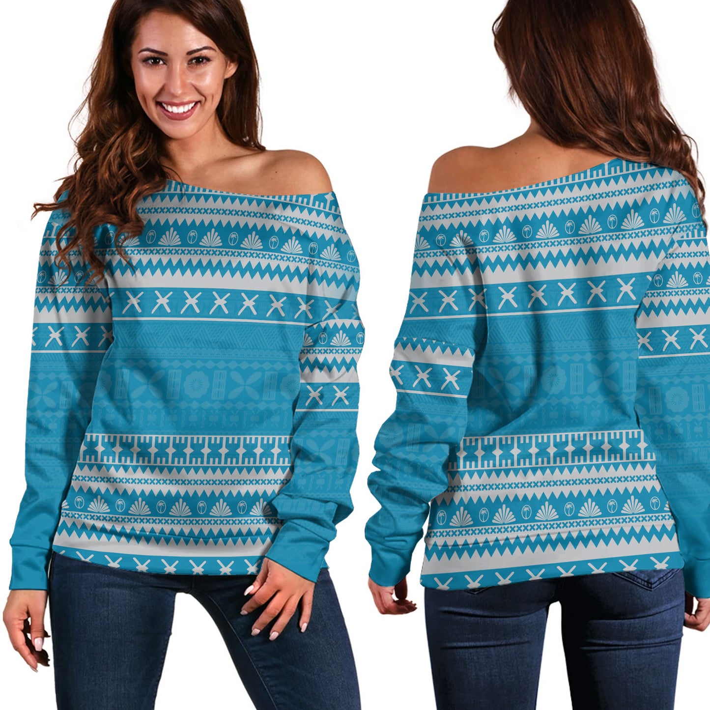 Fiji Off Shoulder Sweatshirt Fijian Masi Pattern Palm Style