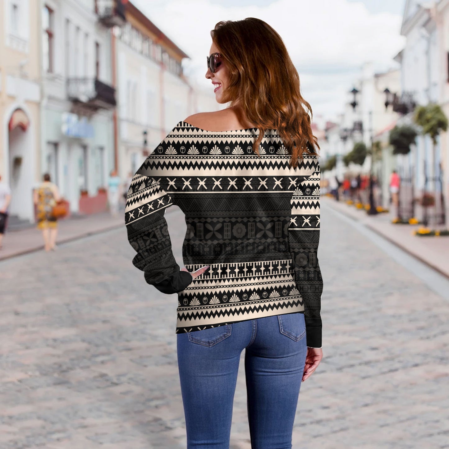 Fiji Off Shoulder Sweatshirt Fijian Masi Pattern Palm Style