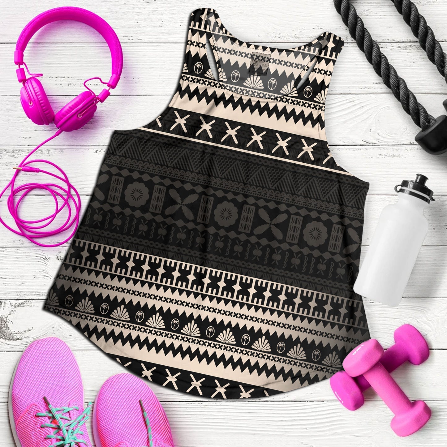 Fiji Women Tank Fijian Masi Pattern Palm Style