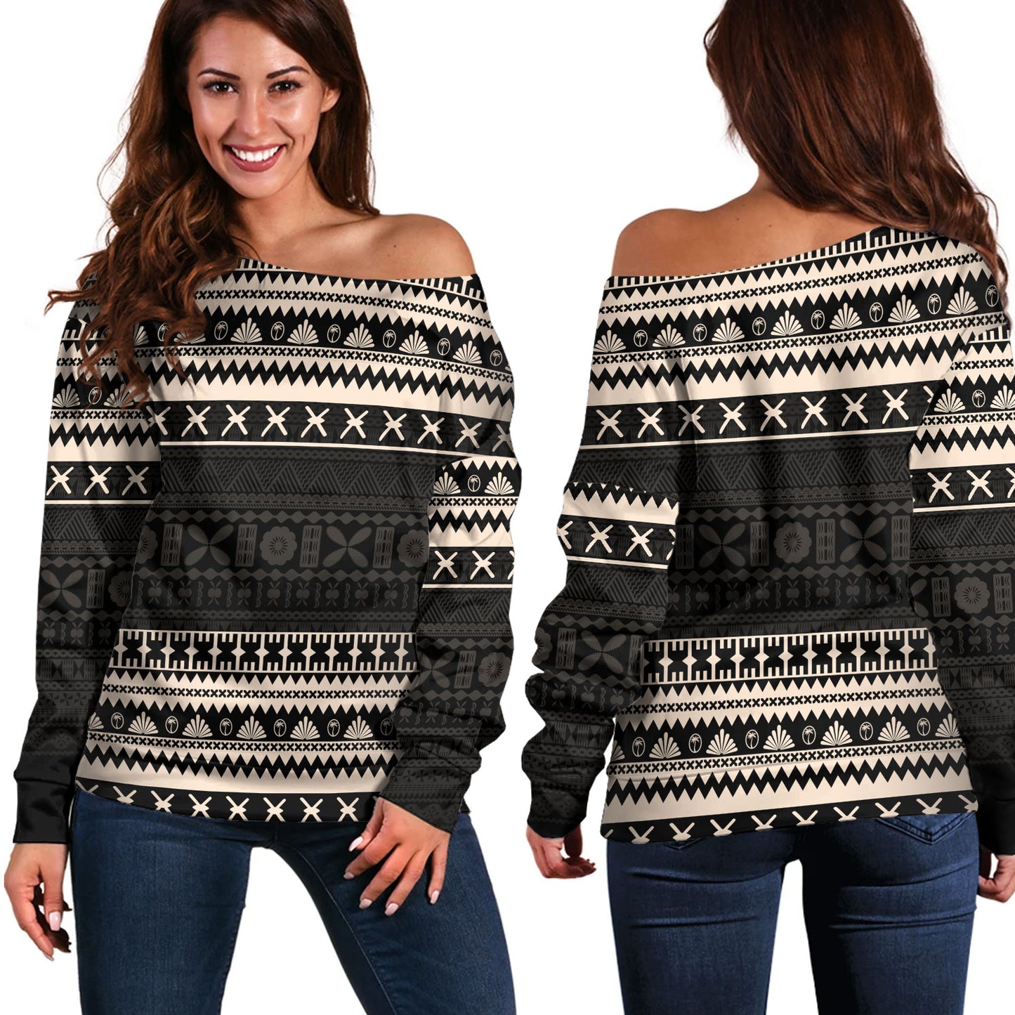 Fiji Off Shoulder Sweatshirt Fijian Masi Pattern Palm Style