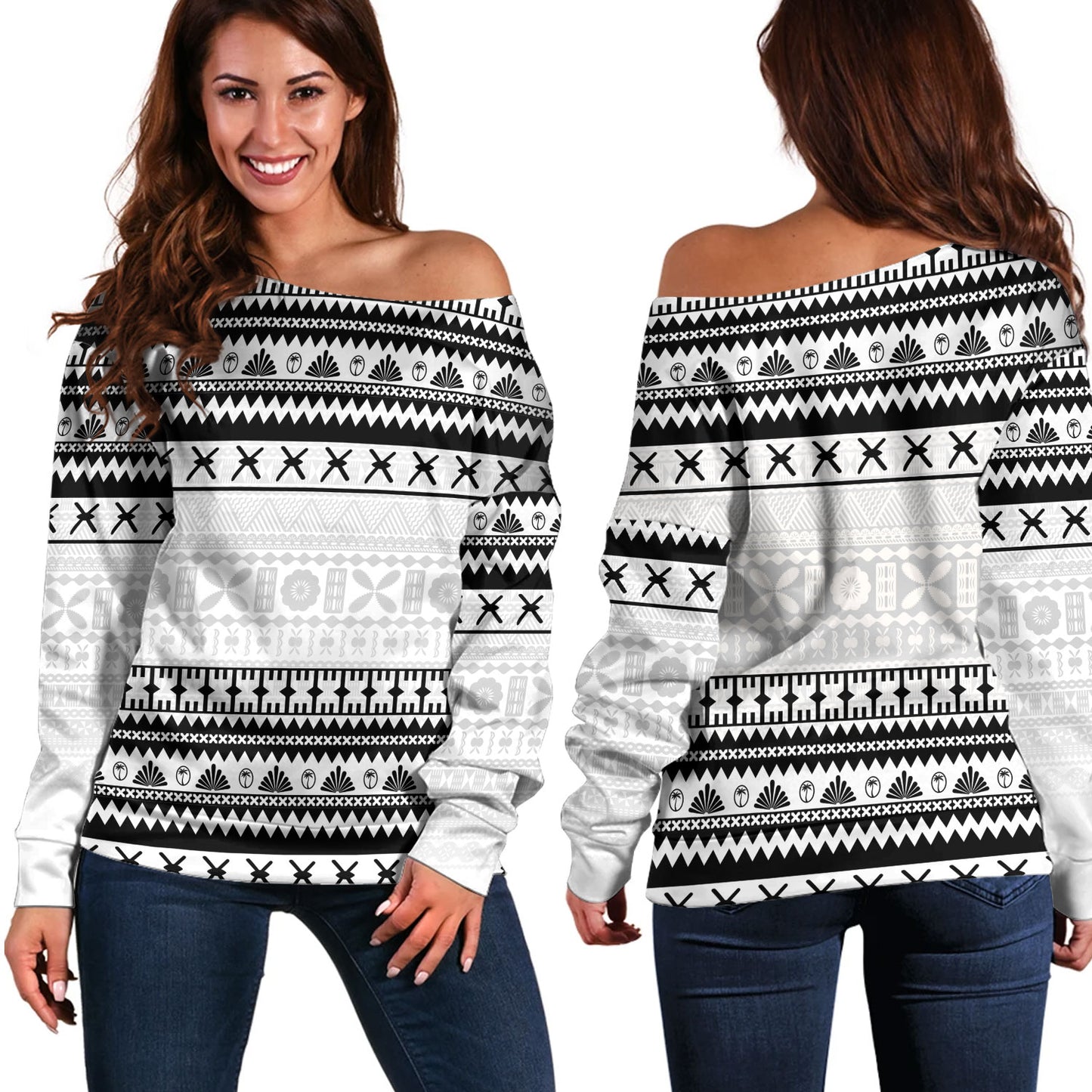Fiji Off Shoulder Sweatshirt Fijian Masi Pattern Palm Style