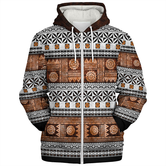 Fiji Sherpa Hoodie Fijian Tapa Pattens Brown Color Vintage Design