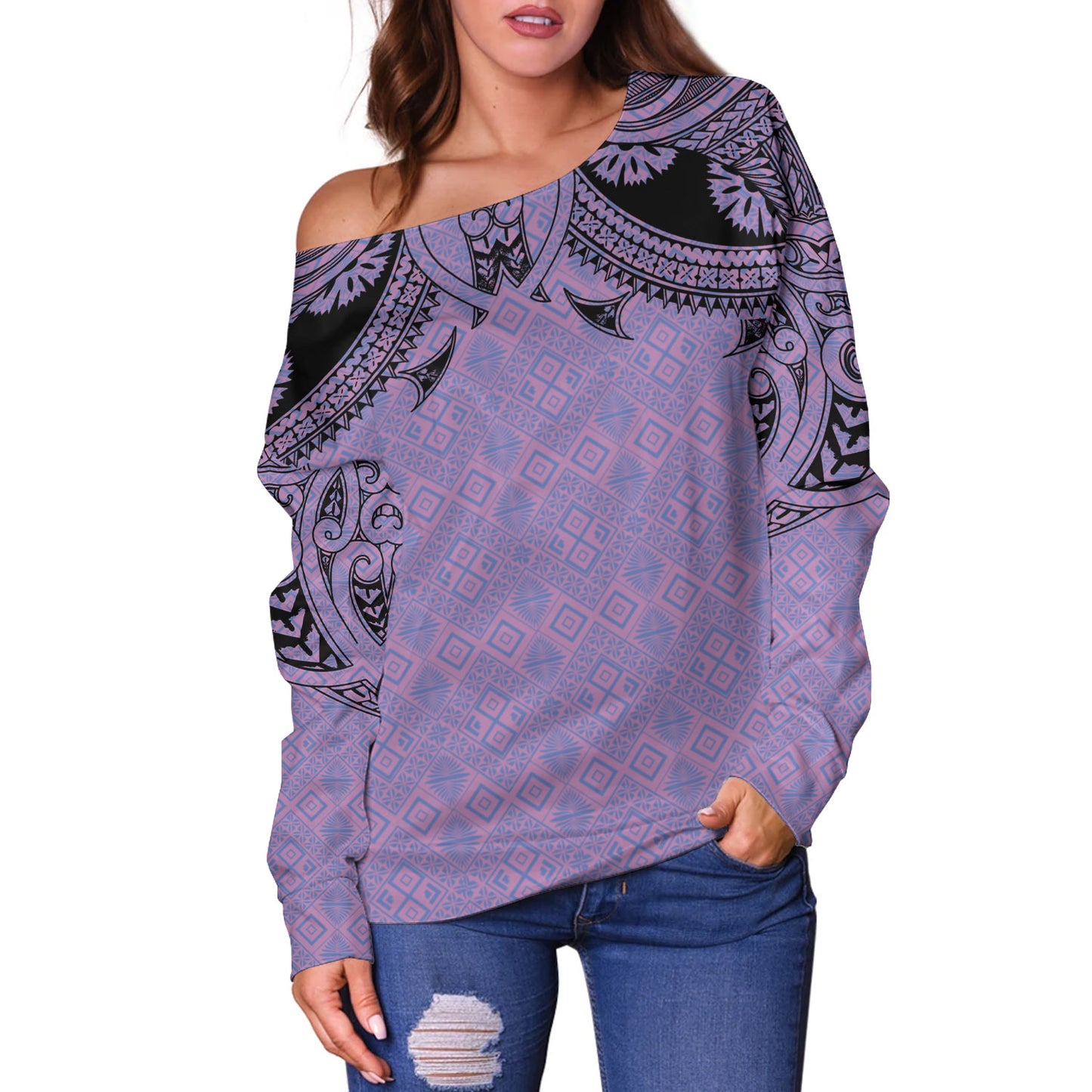 Fiji Off Shoulder Sweatshirt Fijian Masi Pacific Tribal Designs
