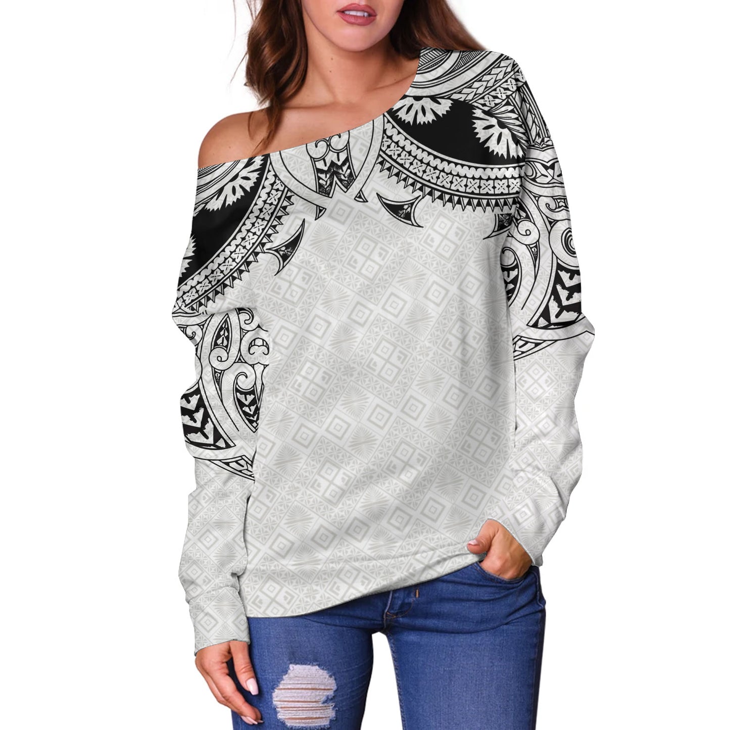 Fiji Off Shoulder Sweatshirt Fijian Masi Pacific Tribal Designs