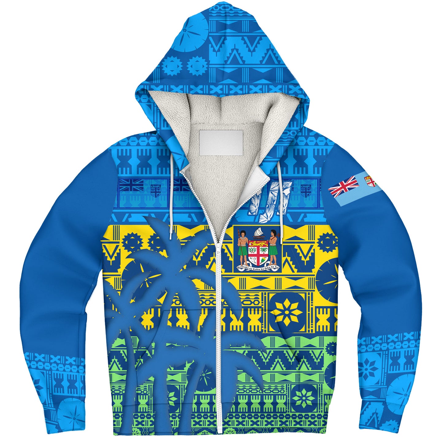 Fiji Sherpa Hoodie Fijian Tapa Patterns Palm Tree Design