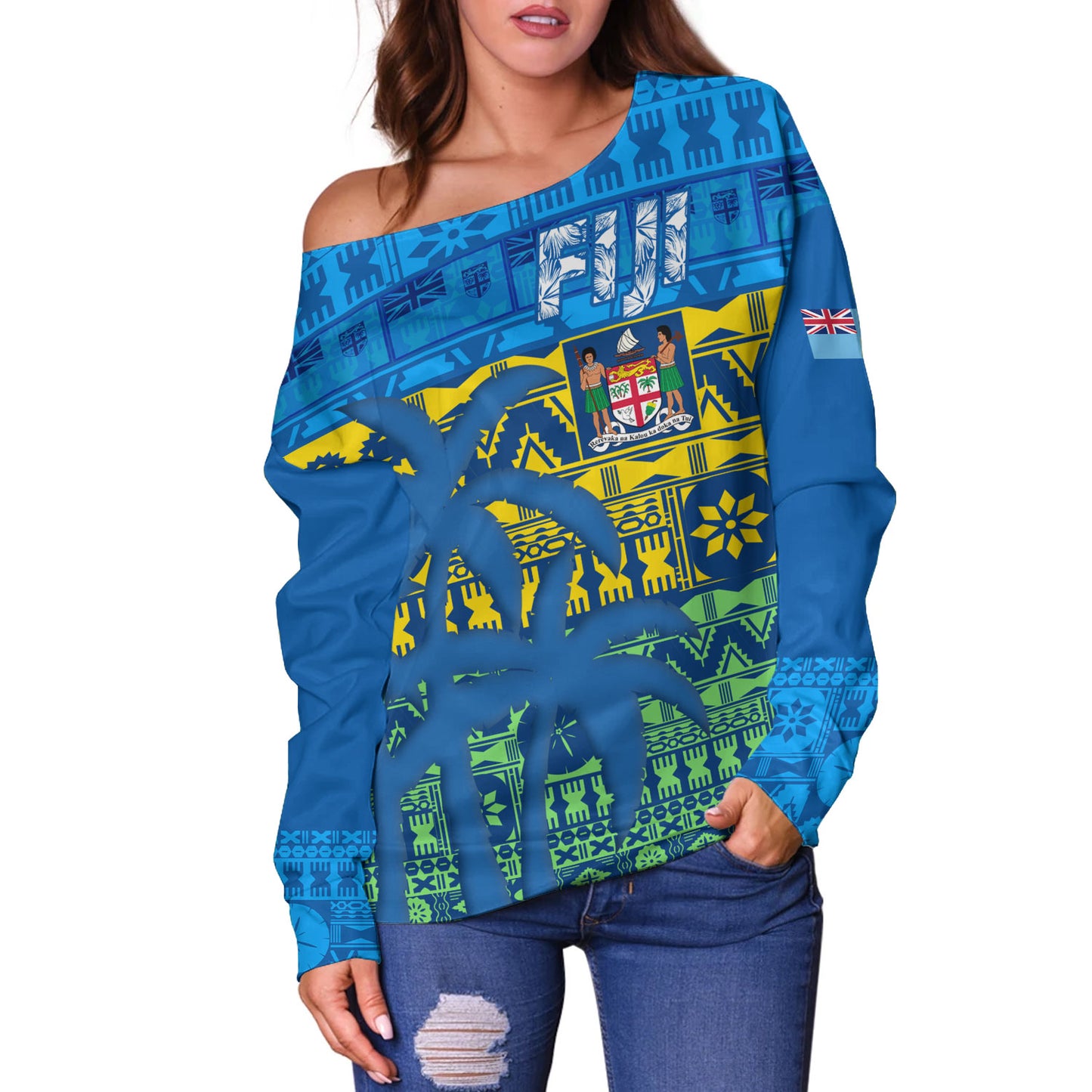 Fiji Off Shoulder Sweatshirt Fijian Tapa Patterns Palm Tree Design