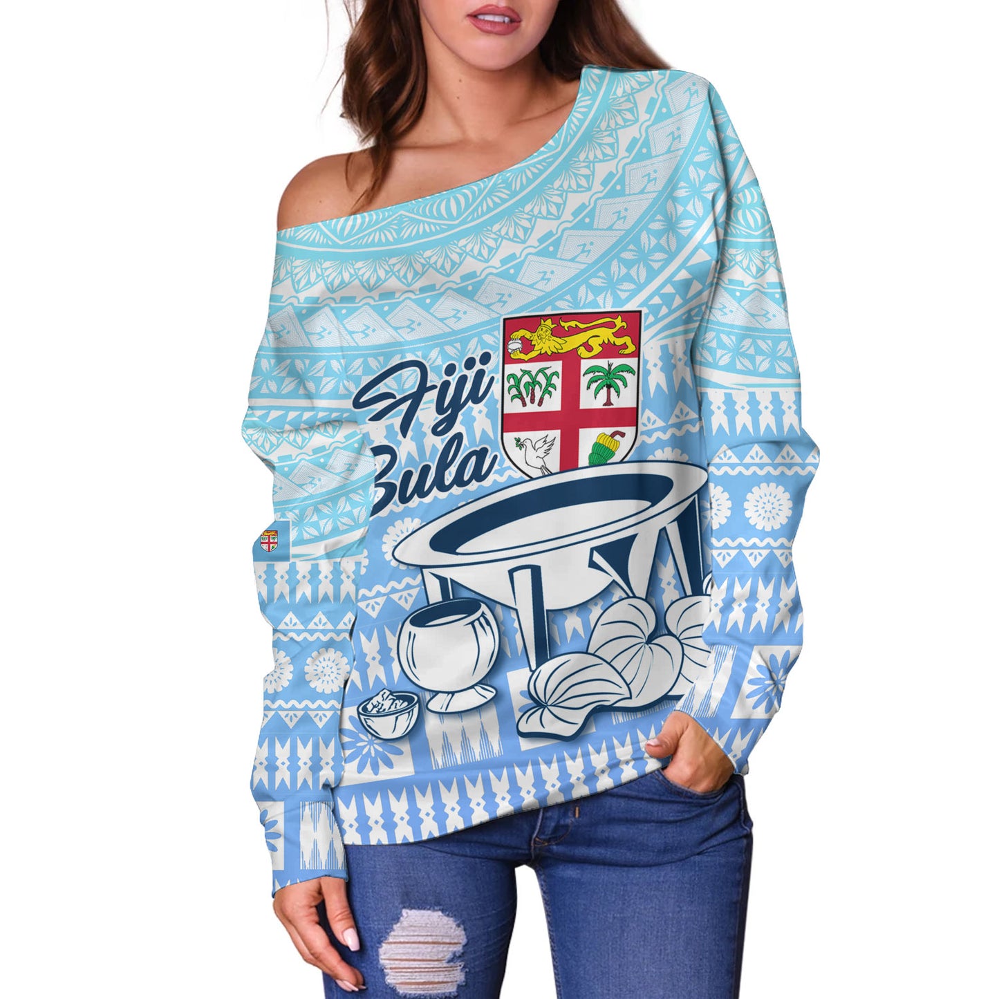 Fiji Off Shoulder Sweatshirt Kava Fiji Masi Patterns