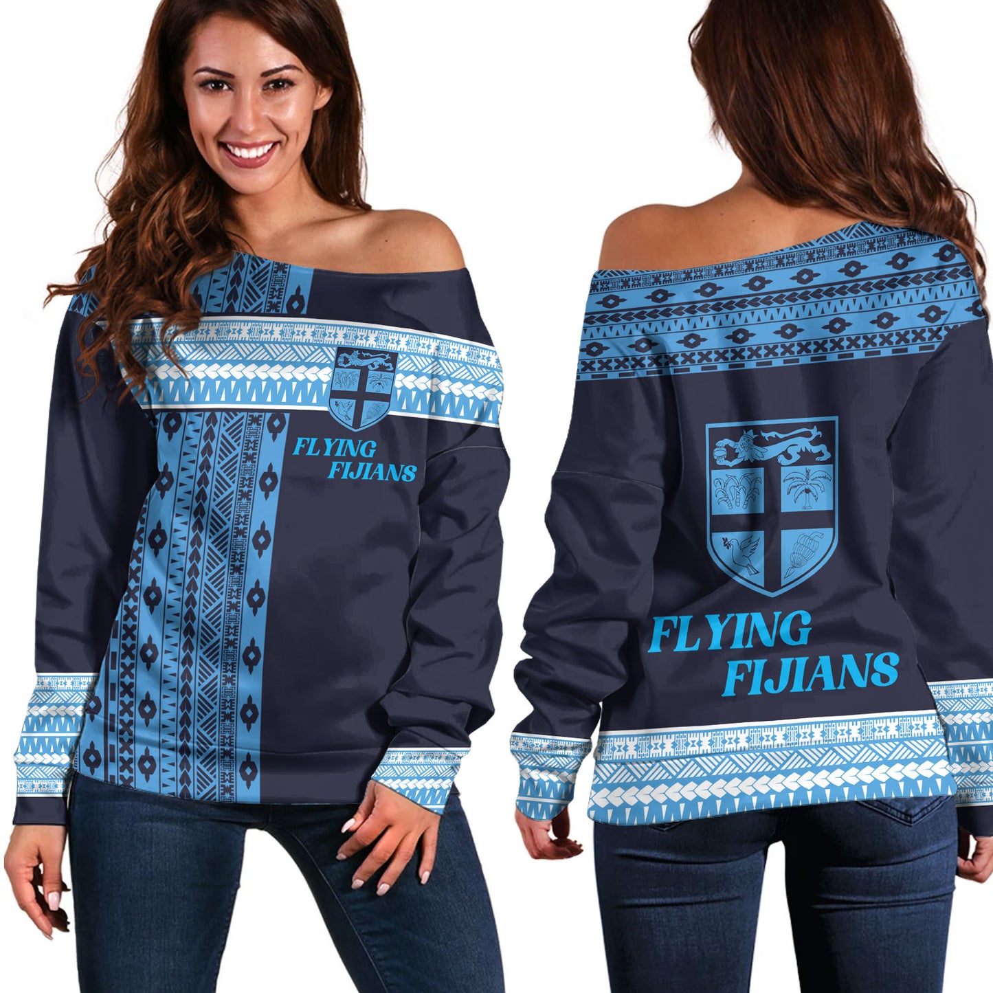 Fiji Off Shoulder Sweatshirt Custom Rugby Flying Fijian Makare And Tapa Design