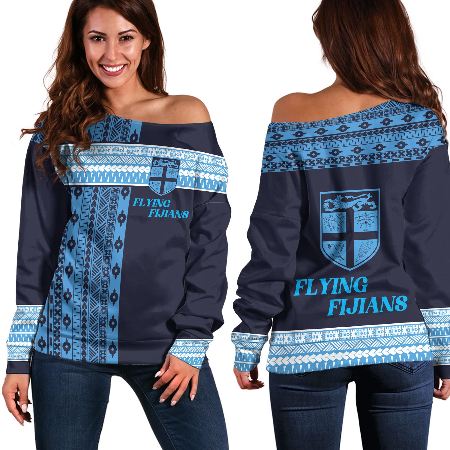 Fiji Off Shoulder Sweatshirt Custom Rugby Flying Fijian Makare And Tapa Design