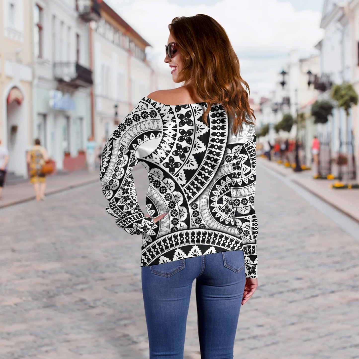 Fiji Off Shoulder Sweatshirt Bula Fijian Circle Pattern Design