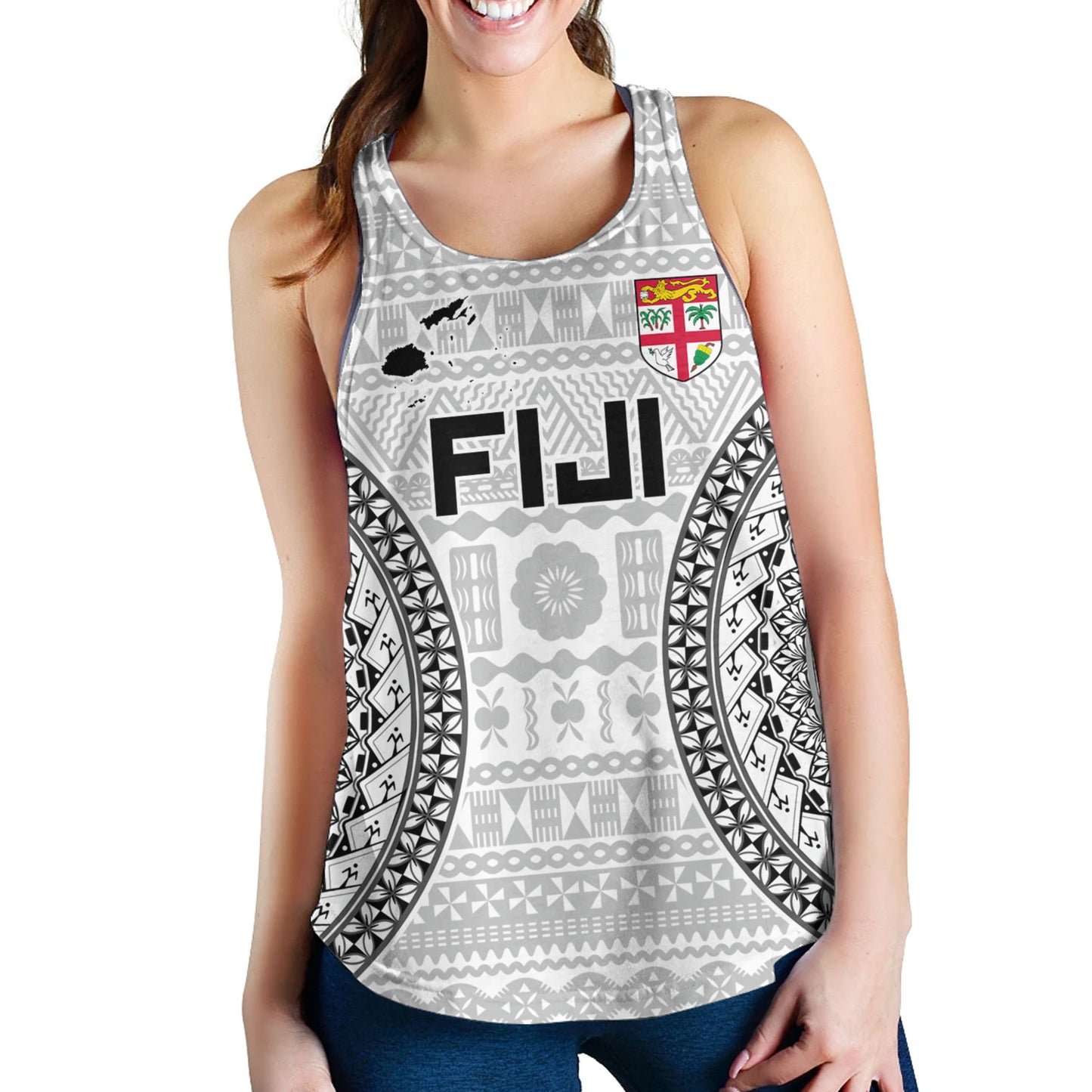 Fiji Custom Personalised Women Tank Seal With Map Fijian Tapa Patterns