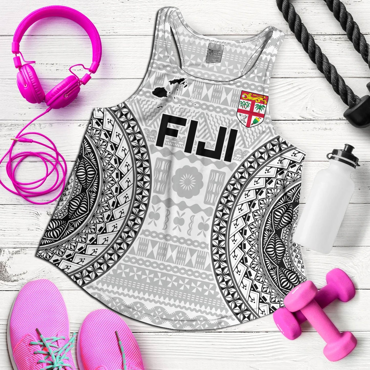 Fiji Custom Personalised Women Tank Seal With Map Fijian Tapa Patterns