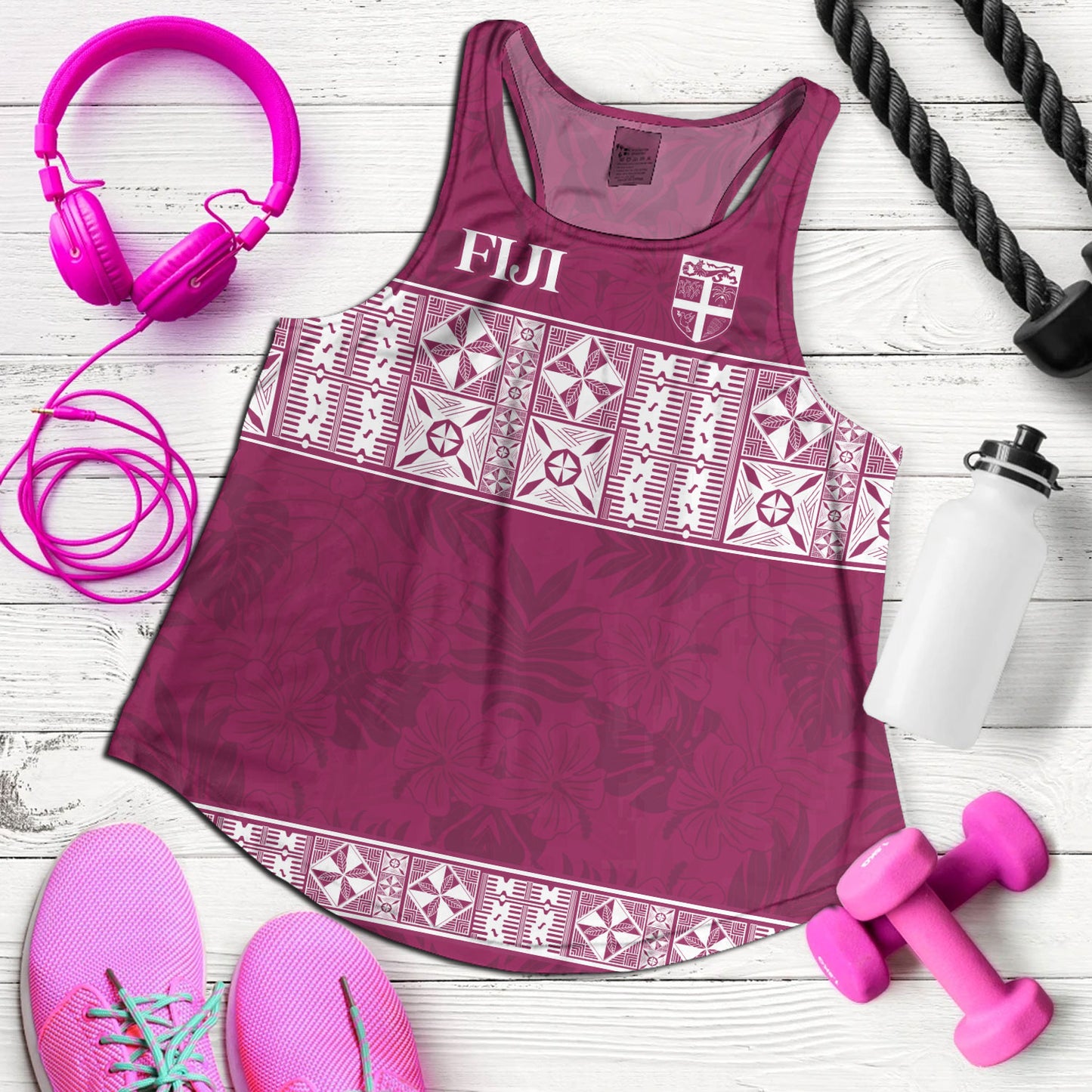 Fiji Women Tank Custom Traditional Fijian Masi Pink Color