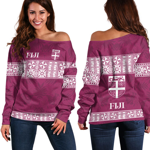 Fiji Off Shoulder Sweatshirt Custom Traditional Fijian Masi Pink Color