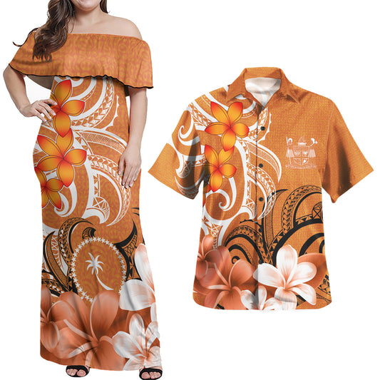 Fiji Coat Of Arm Polynesian Pattern Combo Dress And Shirt - Floral Spirit Orange