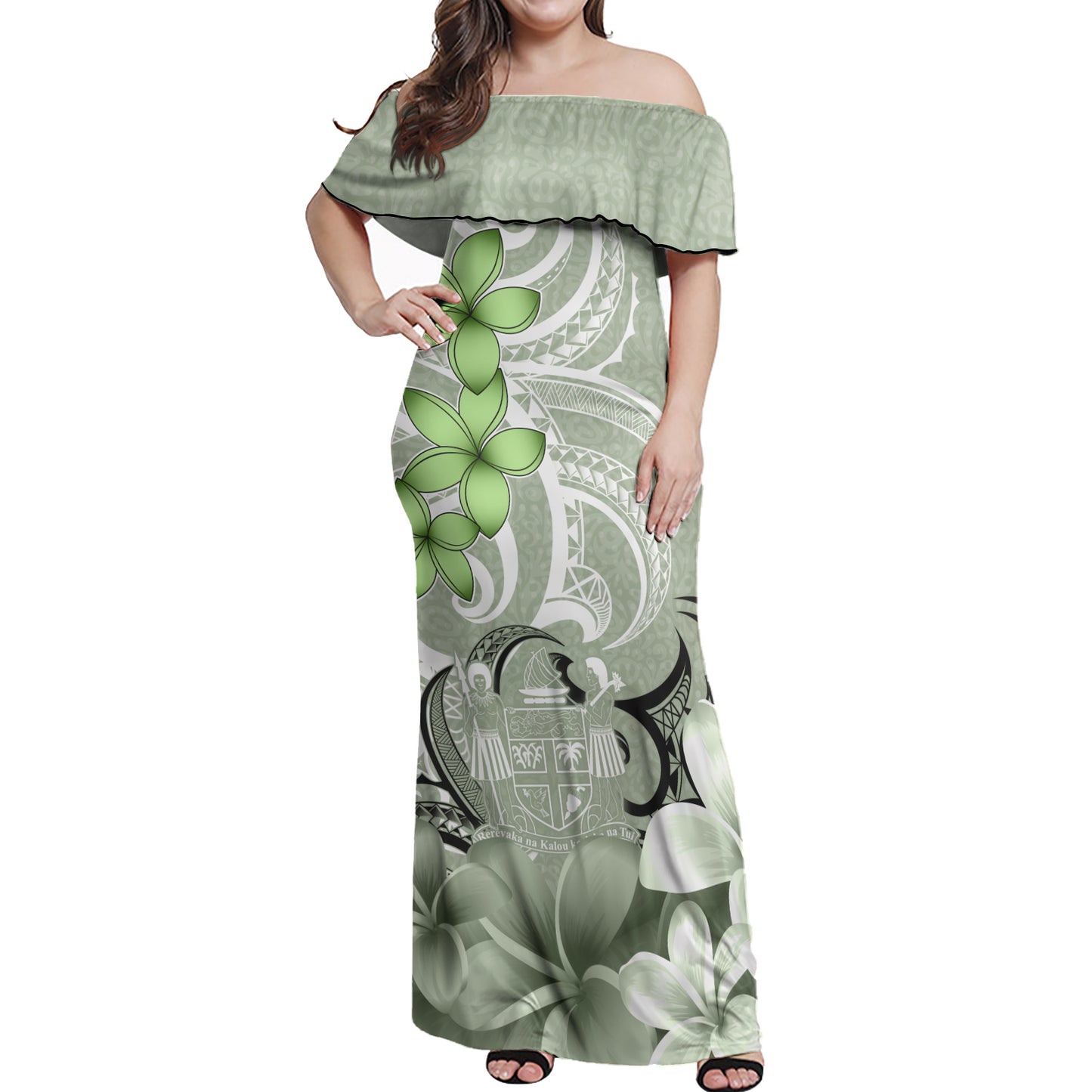 Fiji Coat Of Arm Polynesian Pattern Combo Dress And Shirt Floral Spirit Sage Green