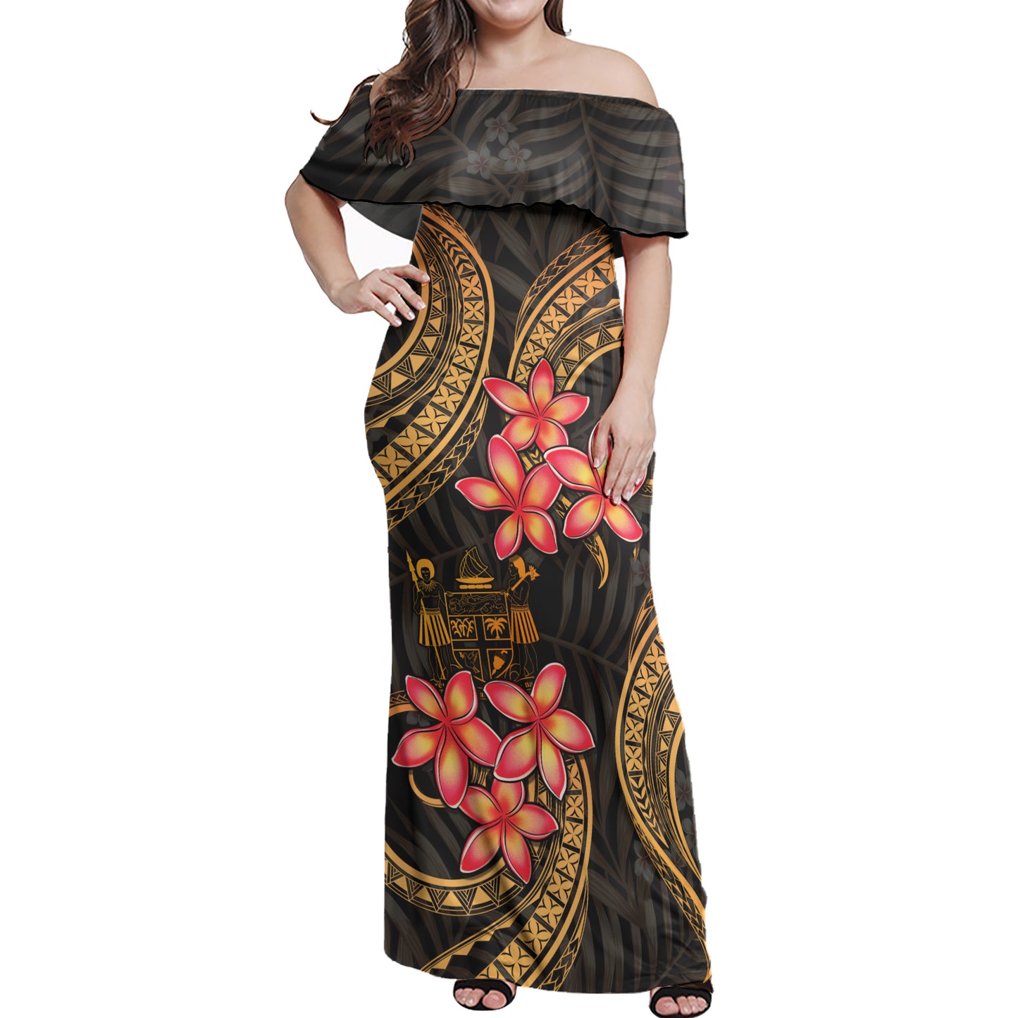 Fiji Coat Of Arm Woman Off Shoulder Long Dress Polynesian Gold Plumeria