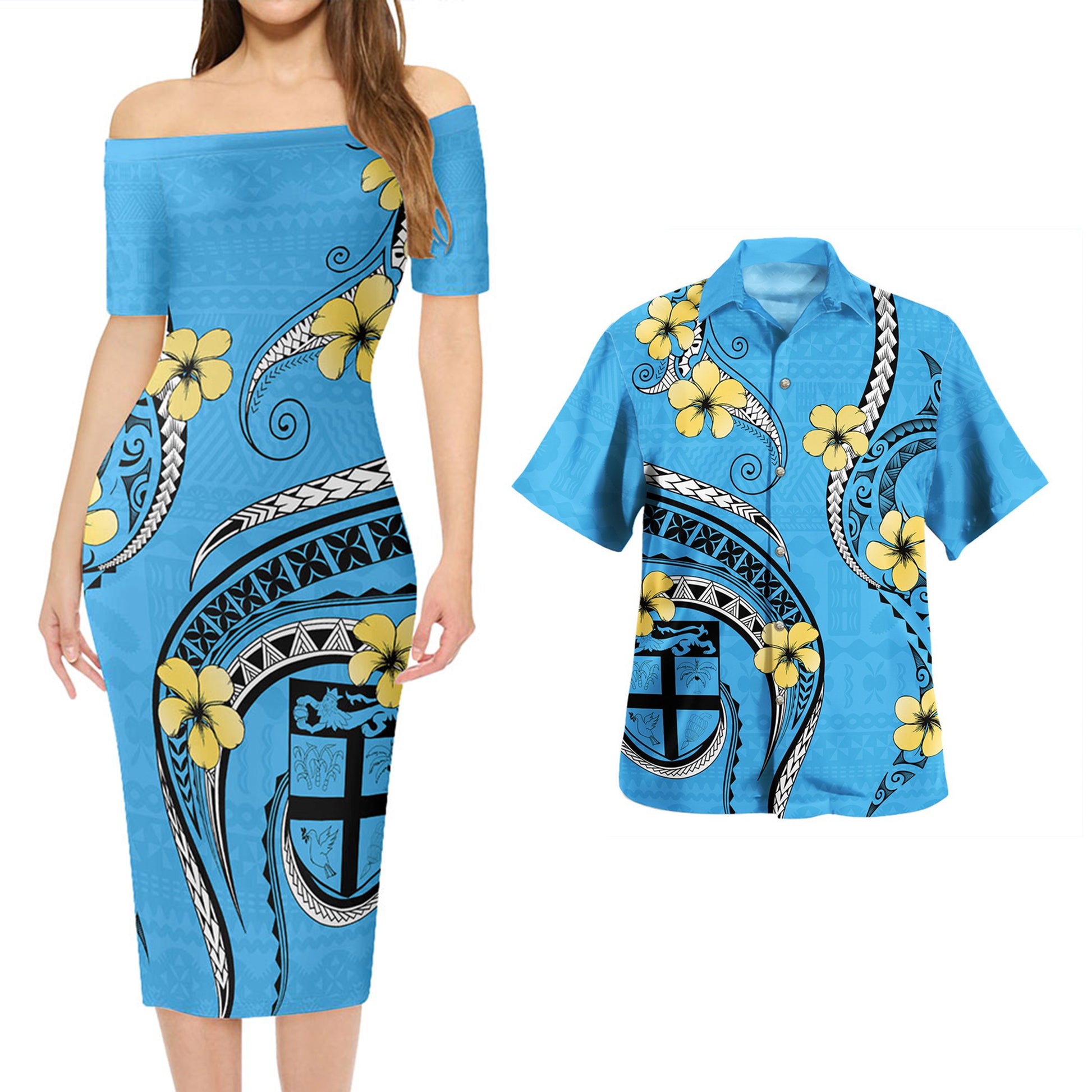 Fiji Combo Short Sleeve Dress And Shirt Bula Style Plumeria Flower