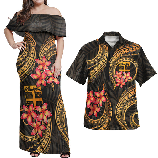 Fiji Polynesian Pattern Combo Dress And Shirt Gold Plumeria
