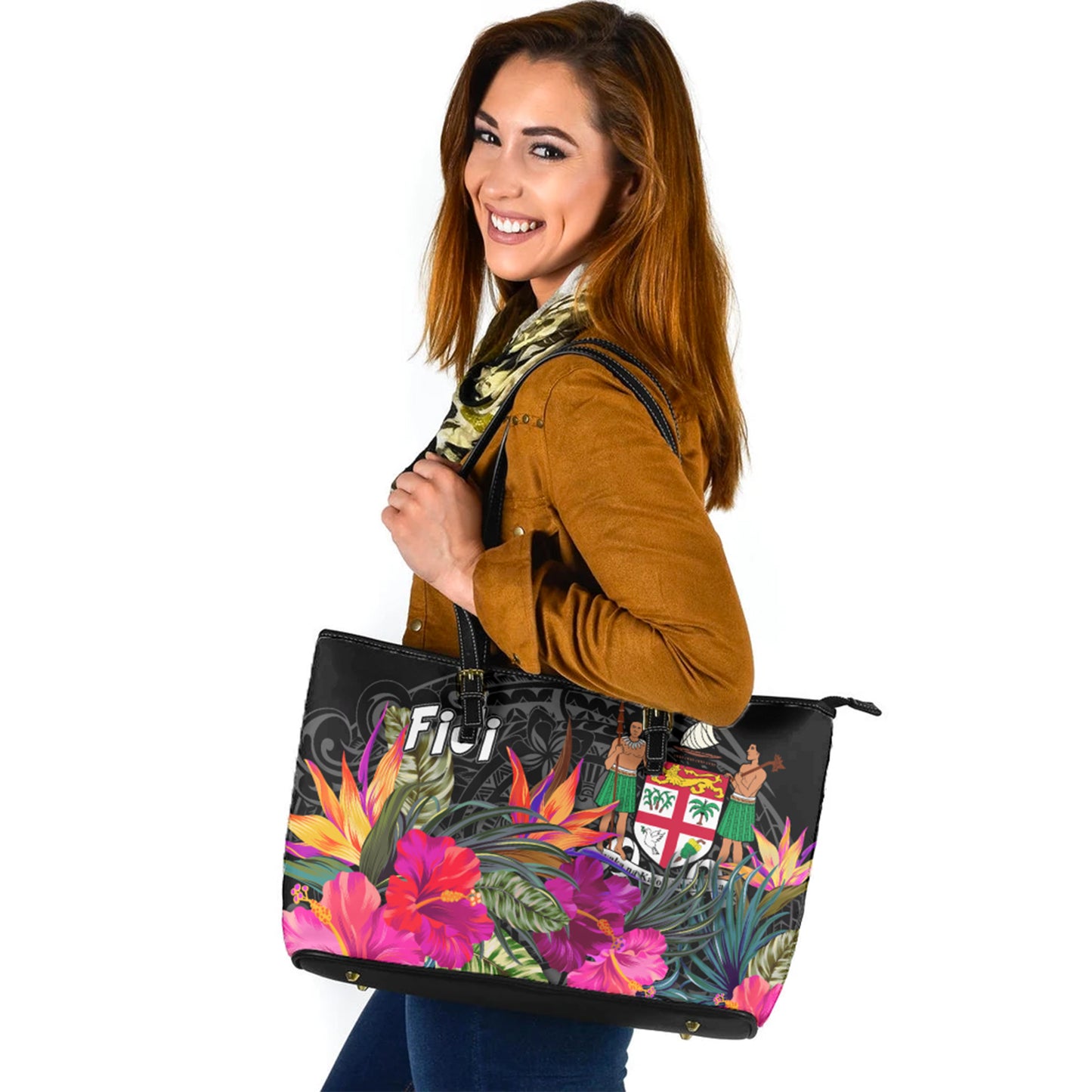 Fiji Crest Custom Personalised Leather Tote Polynesian Hibiscus Pattern