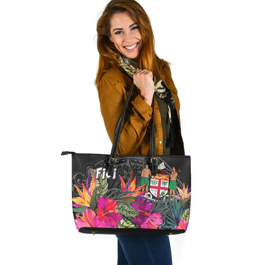 Fiji Crest Custom Personalised Leather Tote Polynesian Hibiscus Pattern