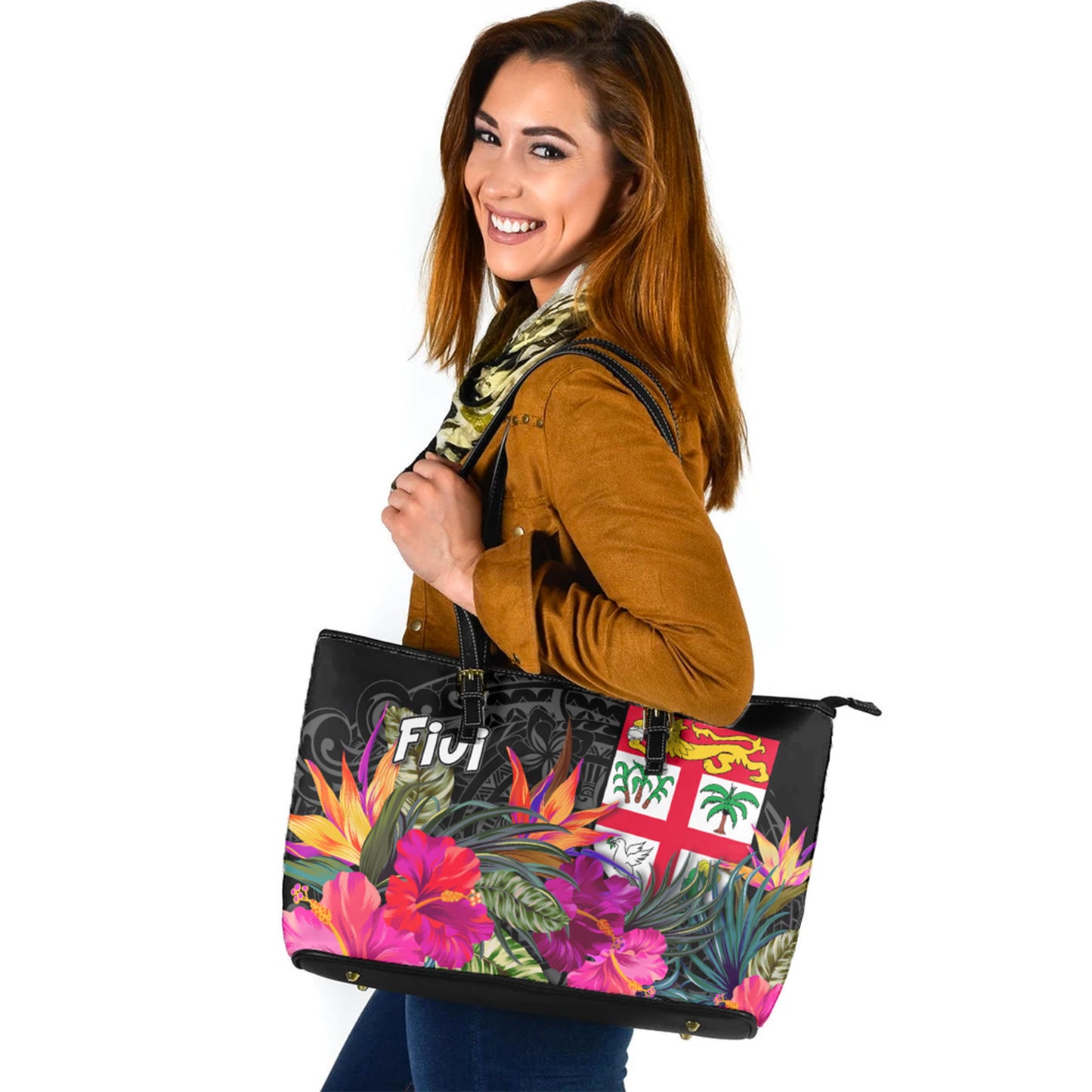 Fiji Custom Personalised Leather Tote Polynesian Hibiscus Pattern