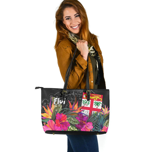 Fiji Custom Personalised Leather Tote Polynesian Hibiscus Pattern