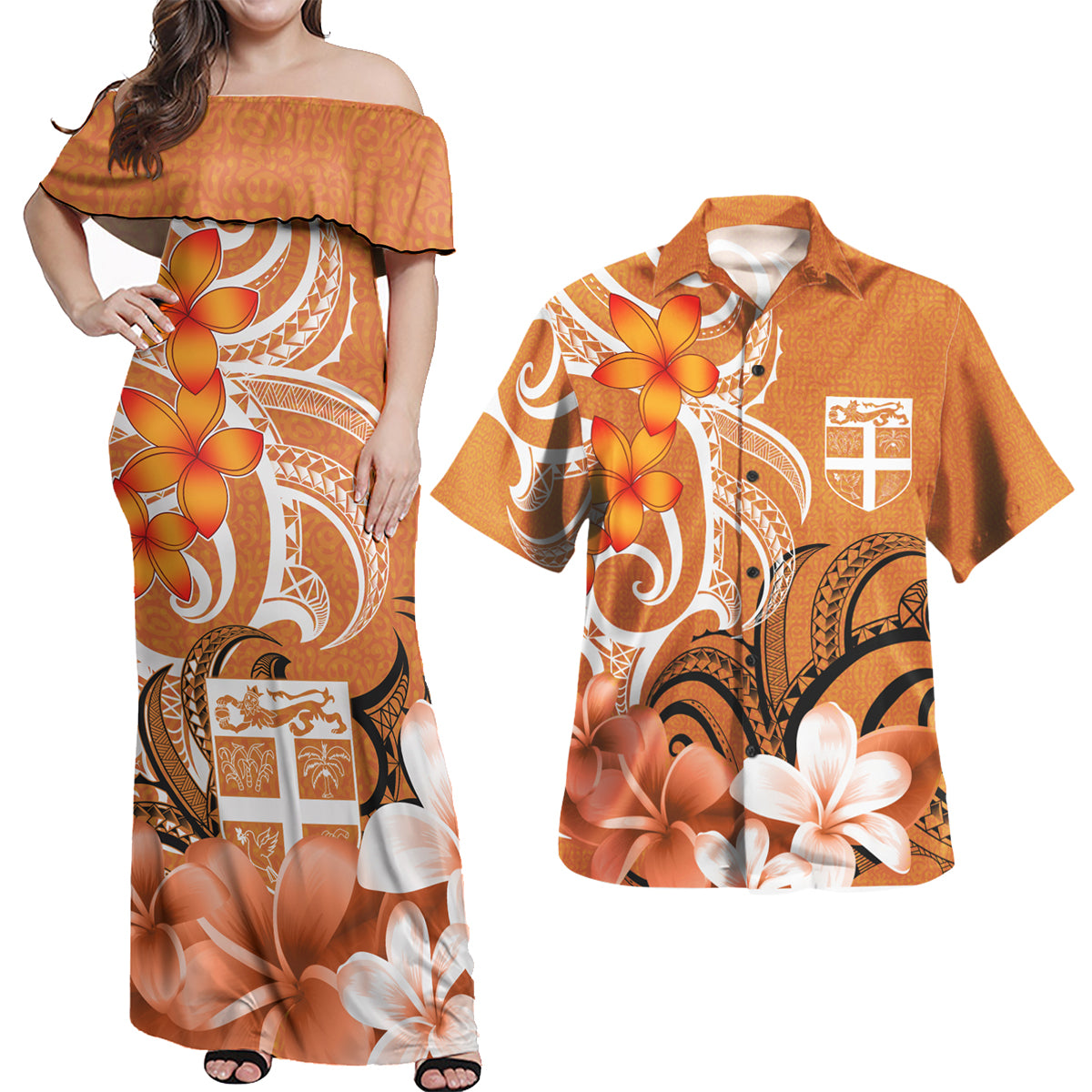 Fiji Polynesian Pattern Combo Dress And Shirt - Floral Spirit Orange
