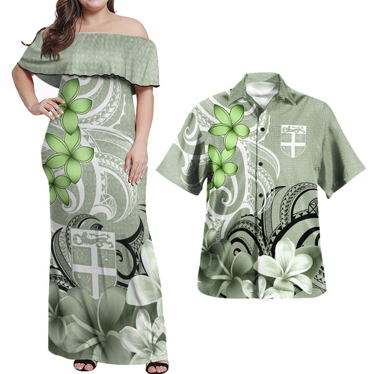 Fiji Polynesian Pattern Combo Dress And Shirt Floral Spirit Sage Green