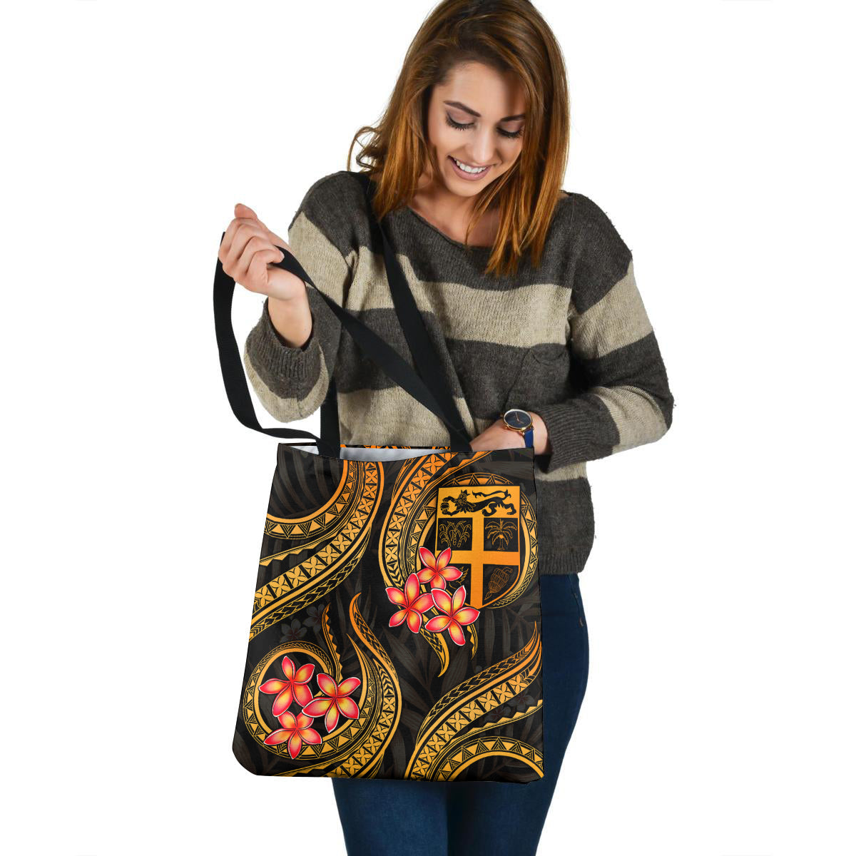 Fiji Tote Bag Gold Polynesian Pattern Plumeria