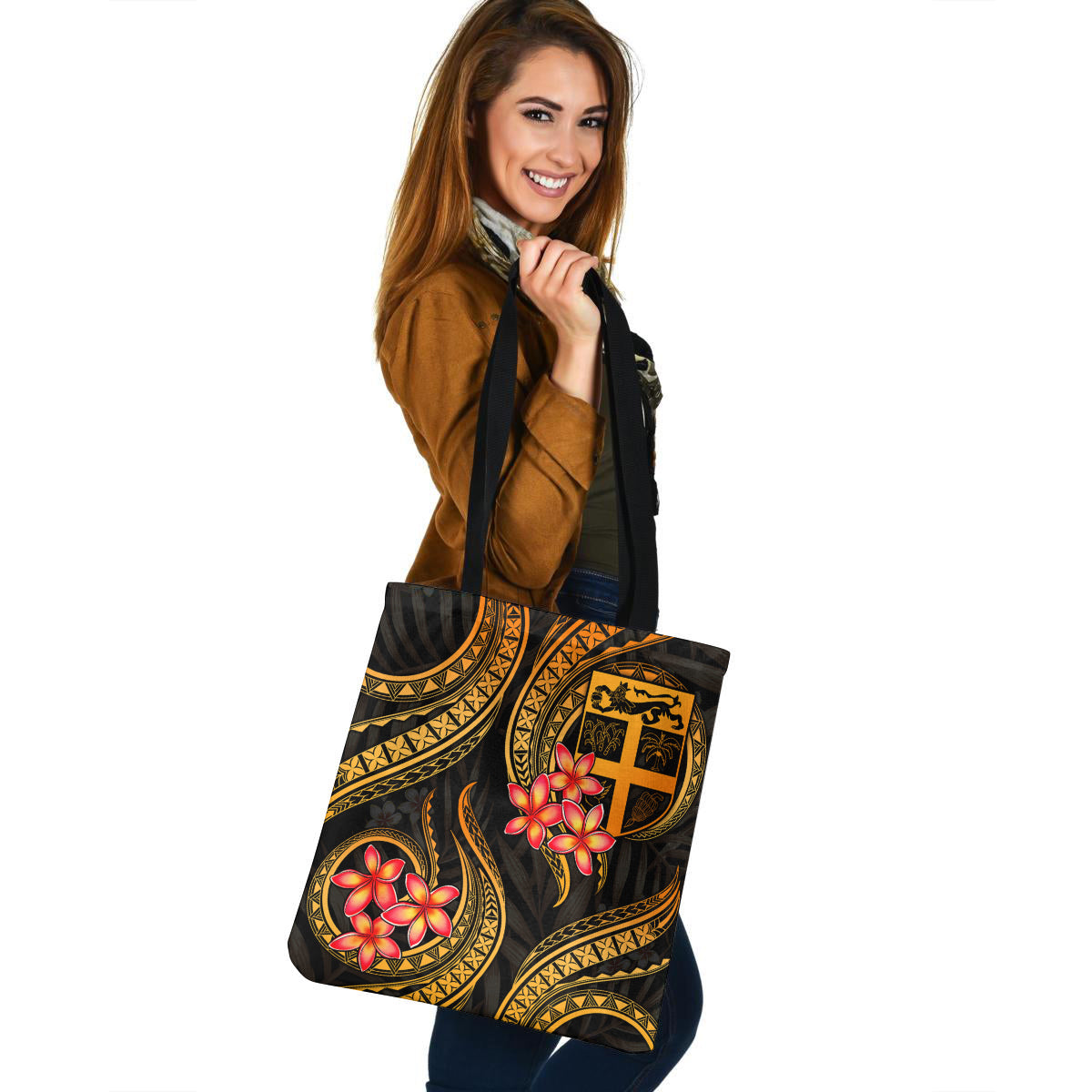 Fiji Tote Bag Gold Polynesian Pattern Plumeria