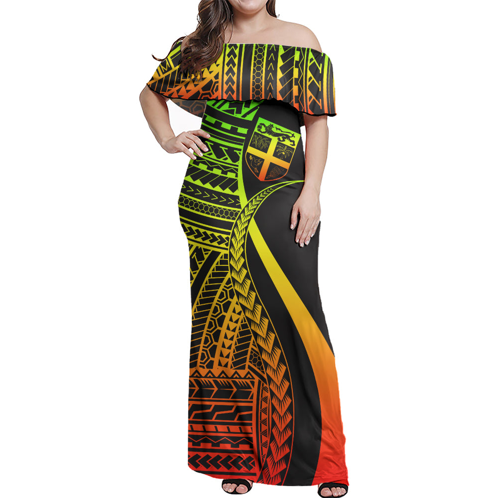 Fiji Custom Personalised Woman Off Shoulder Long Dress Polynesian Tentacle Tribal Pattern