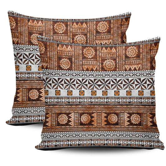 Fiji Pillow Cover Fijian Tapa Pattens Brown Color Vintage Design