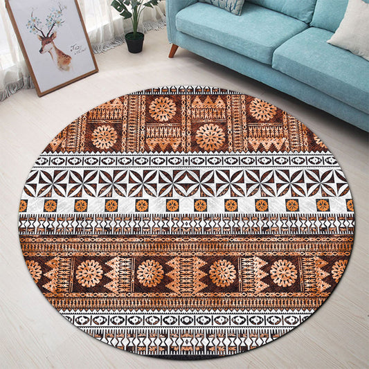 Fiji Round Rug Fijian Tapa Pattens Brown Color Vintage Design