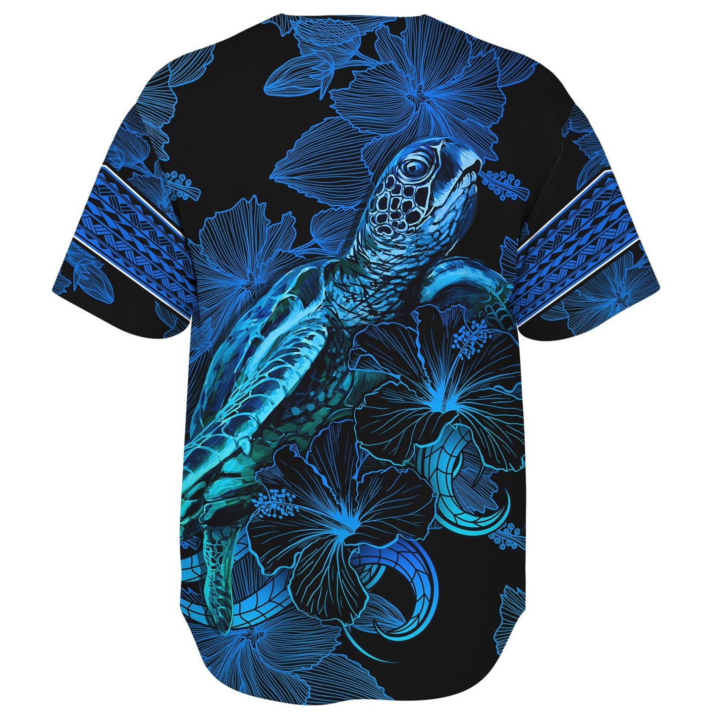 French Polynesia Baseball Shirt Sea Turtle With Blooming Hibiscus Flowers Tribal Blue