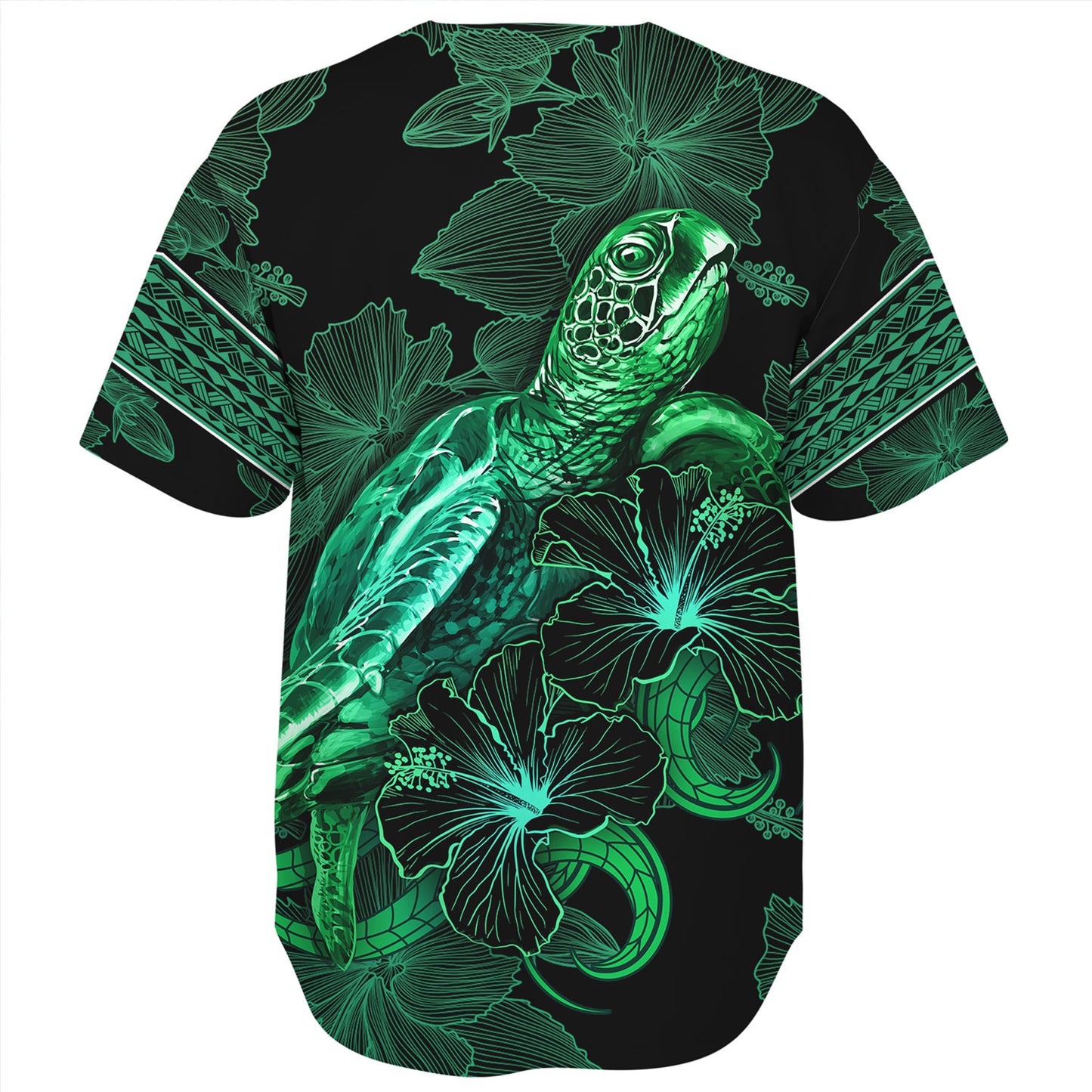 French Polynesia Baseball Shirt  Sea Turtle With Blooming Hibiscus Flowers Tribal Green