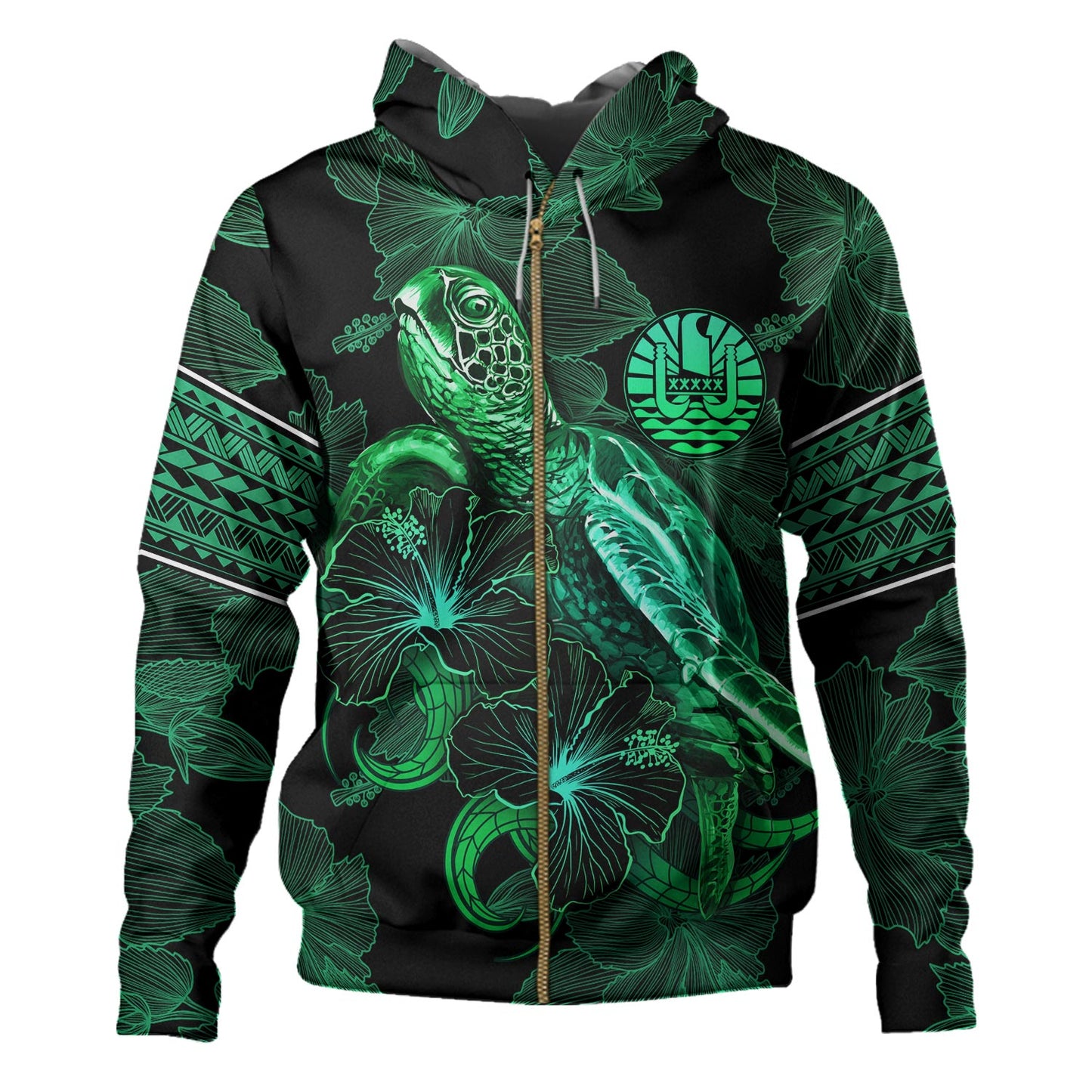 French Polynesia Hoodie Sea Turtle With Blooming Hibiscus Flowers Tribal Green