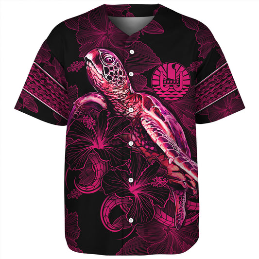 French Polynesia Baseball Shirt Sea Turtle With Blooming Hibiscus Flowers Tribal Maroon