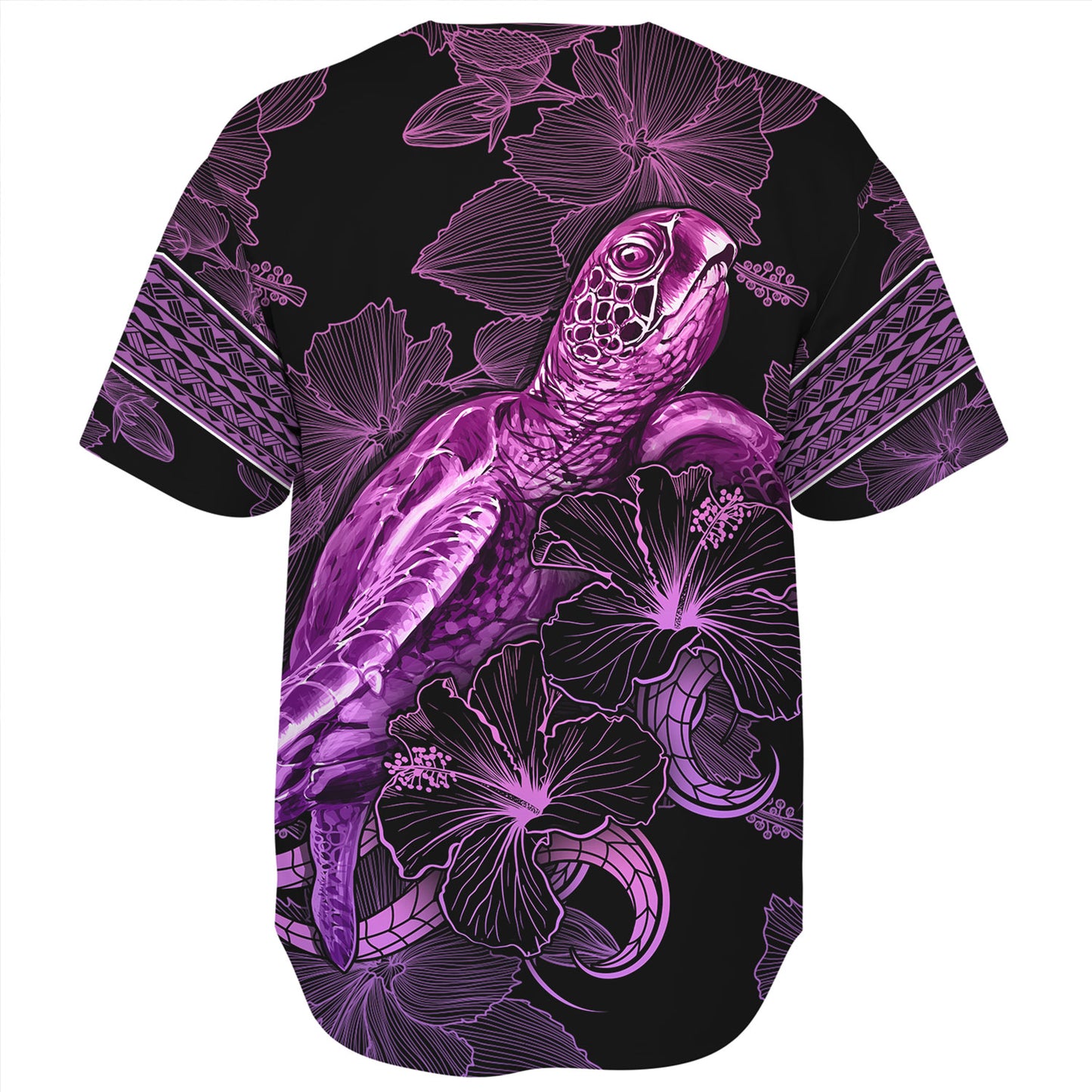 French Polynesia Baseball Shirt Sea Turtle With Blooming Hibiscus Flowers Tribal Purple