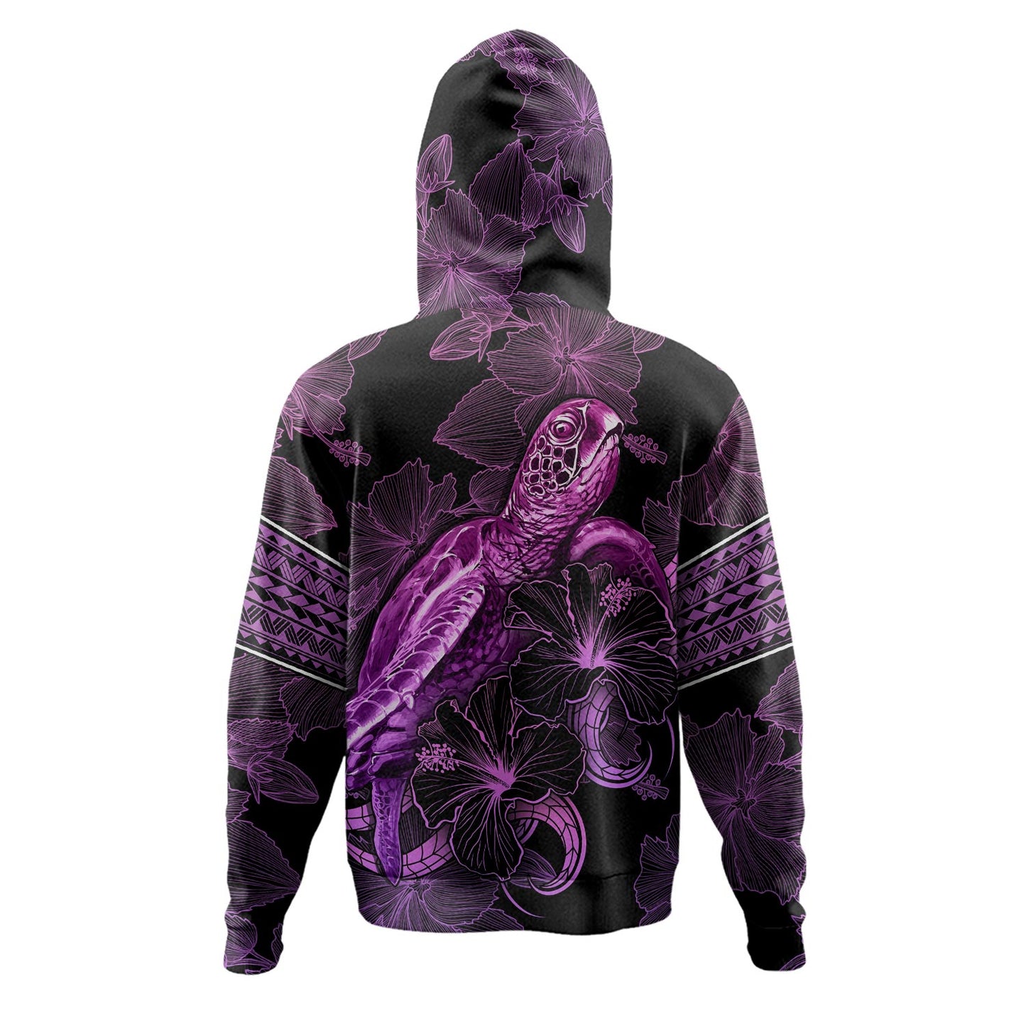 French Polynesia Hoodie Sea Turtle With Blooming Hibiscus Flowers Tribal Purple