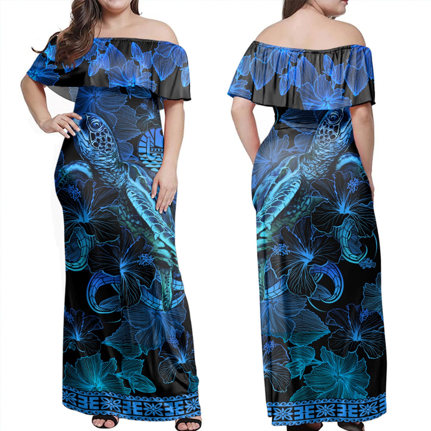 French Polynesia Combo Off Shoulder Long Dress And Shirt Sea Turtle With Blooming Hibiscus Flowers Tribal Blue