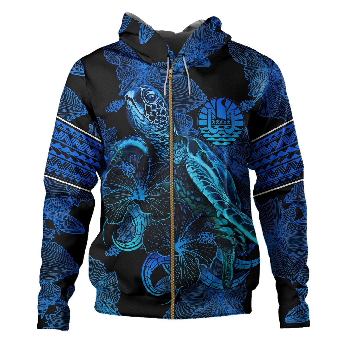 French Polynesia Hoodie Sea Turtle With Blooming Hibiscus Flowers Tribal Blue