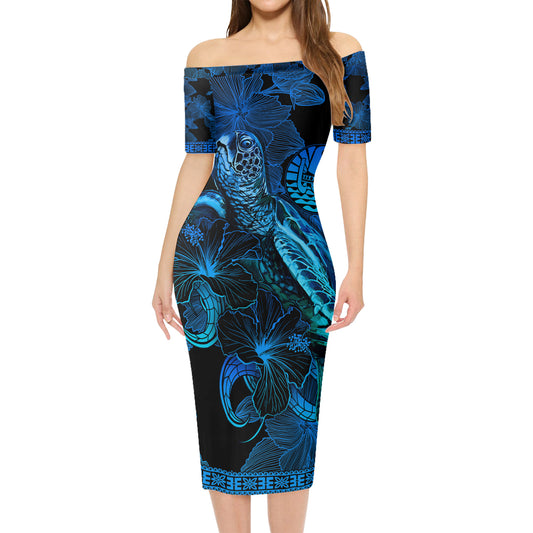 French Polynesia Short Sleeve Off The Shoulder Lady Dress Sea Turtle With Blooming Hibiscus Flowers Tribal Blue
