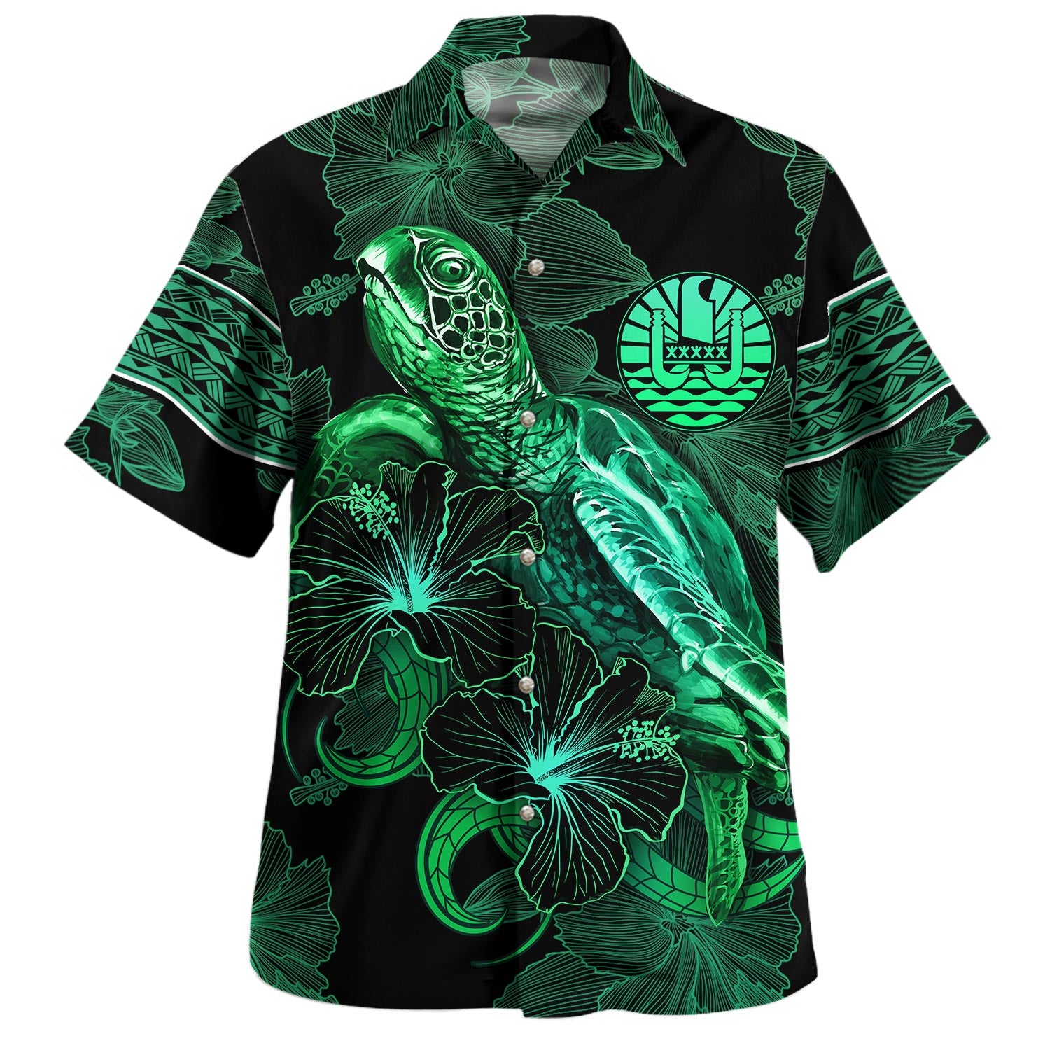 Austral Islands Hawaiian Shirt  Sea Turtle With Blooming Hibiscus Flowers Tribal Green