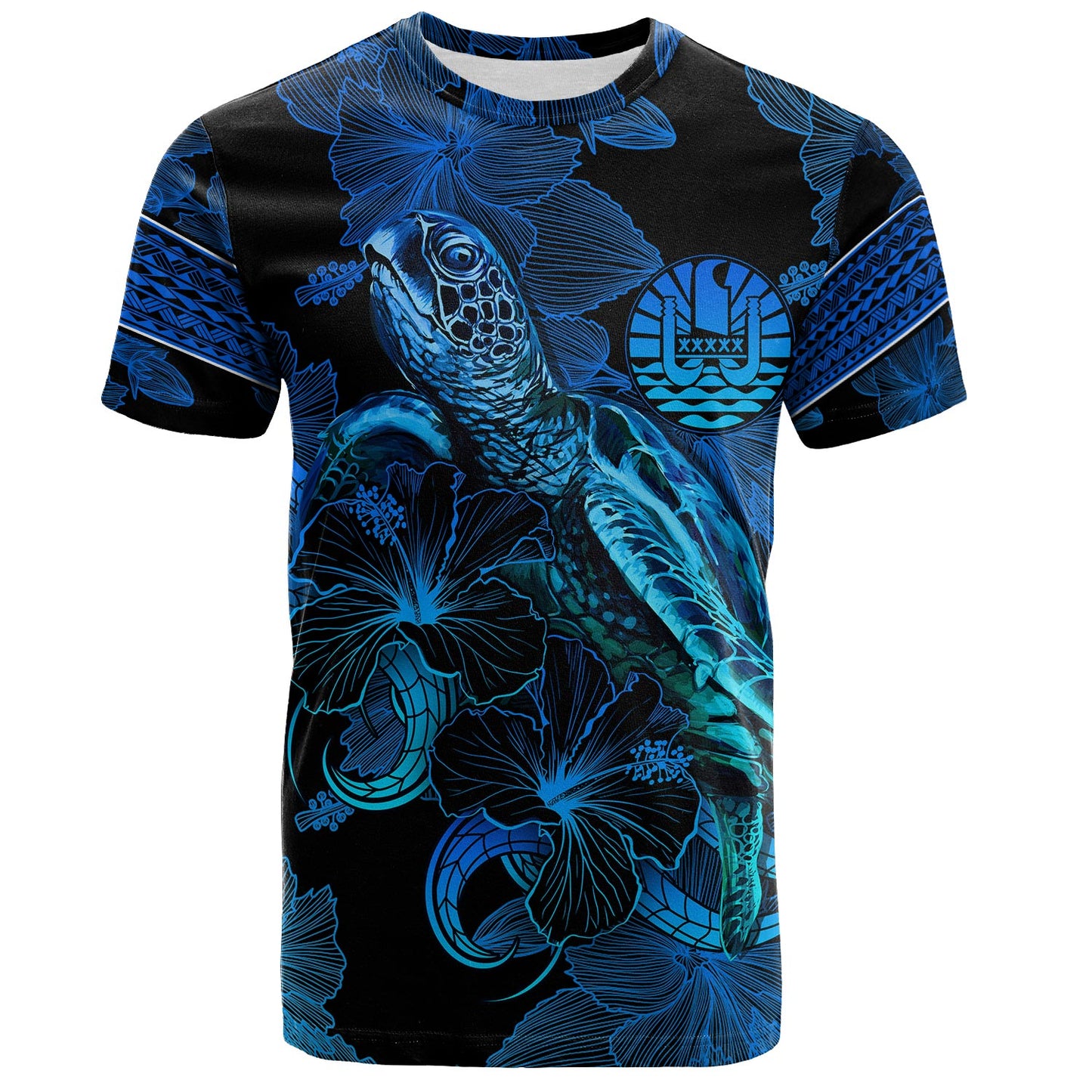 French Polynesia T-Shirt Sea Turtle With Blooming Hibiscus Flowers Tribal Blue