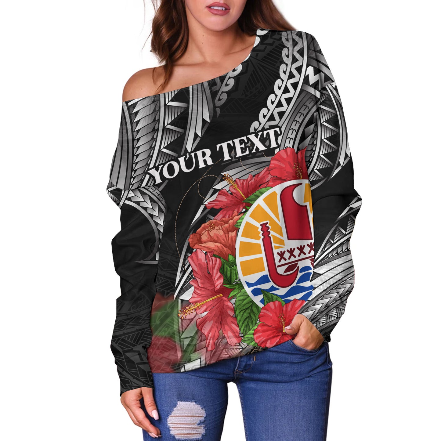 French Polynesia Custom Personalised Off Shoulder Sweatshirt Seal Hibiscus Flowers Special Style